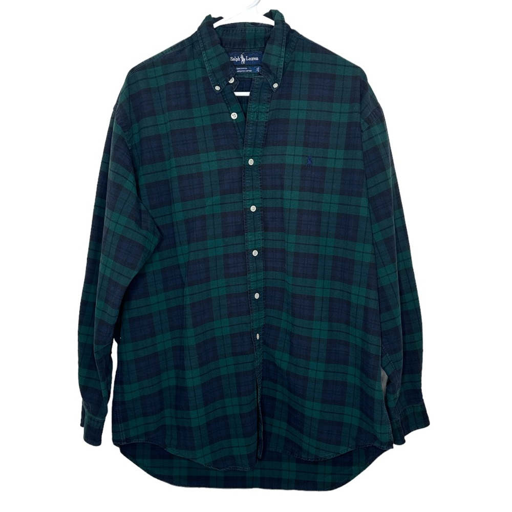 RALPH LAUREN Men's Blue & Green Plaid Button Down Top Size Large